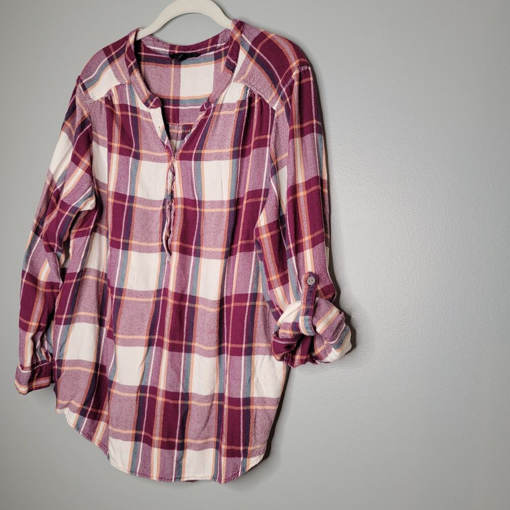 Jane and Delancey Shirt Women's Size 2X Maroon White Plaid Popover Roll Tab l/s - Picture 2 of 12